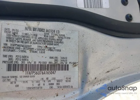 2006 Ford Taurus Sel z USA, uszkodzony, nr VIN 1FAFP56U76A165047